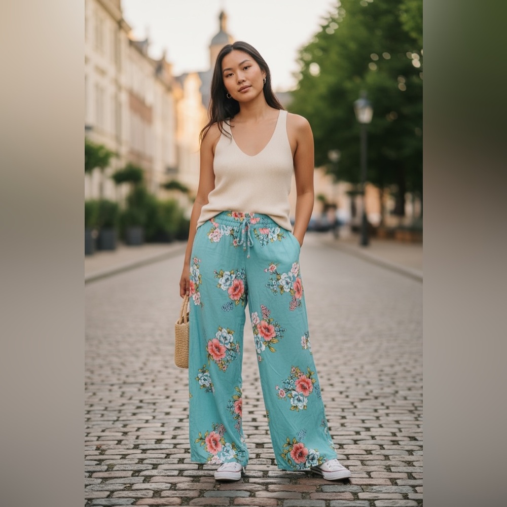 Bebop‎ Women’s Summer Teal Pants Floral Size XL